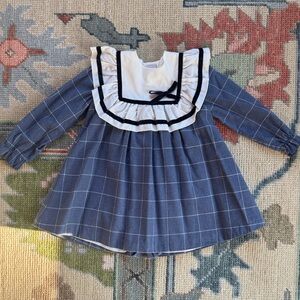 Pepa London Blue Windowpane Trapeze Dress with White Ruffle Collar